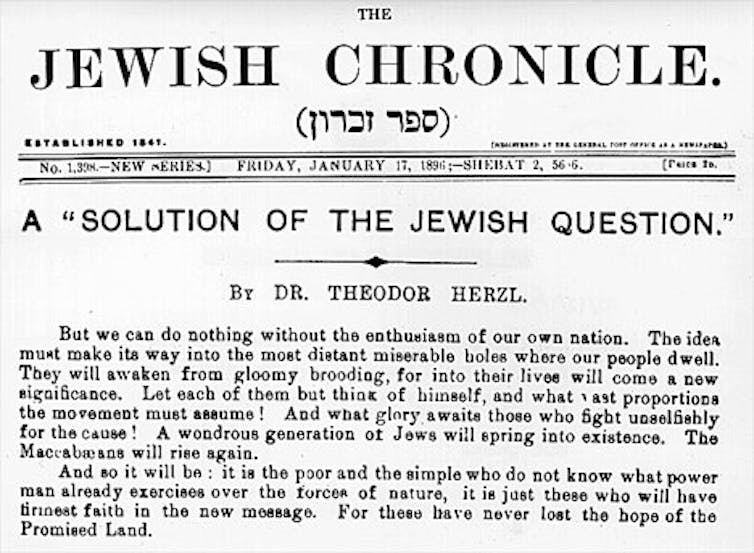 A clipping from the London-based Jewish Chronicle by Zionist Theodor Herzl, saying the founding of a Jewish state is the 'solution of the Jewish question.'