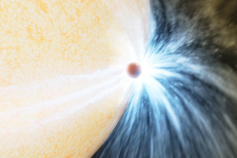 An artist impression of a planet being ripped apart by the surface of a much larger star.