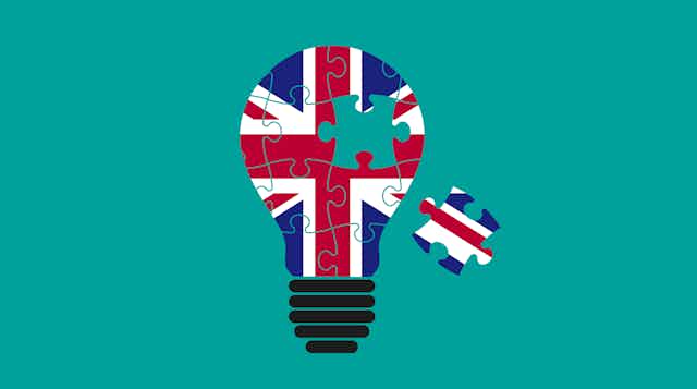 British flag lightbulb with jigsaw piece missing.