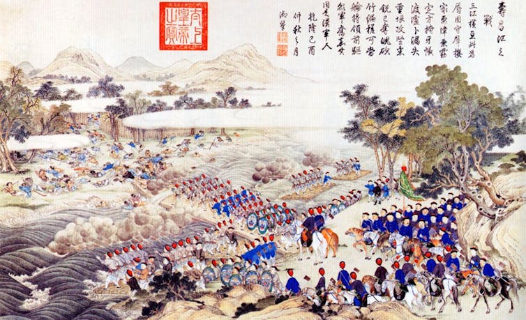 A Chinese painting of a battle scene, with soldiers in blue outfits, and some text in the upper-right corner.