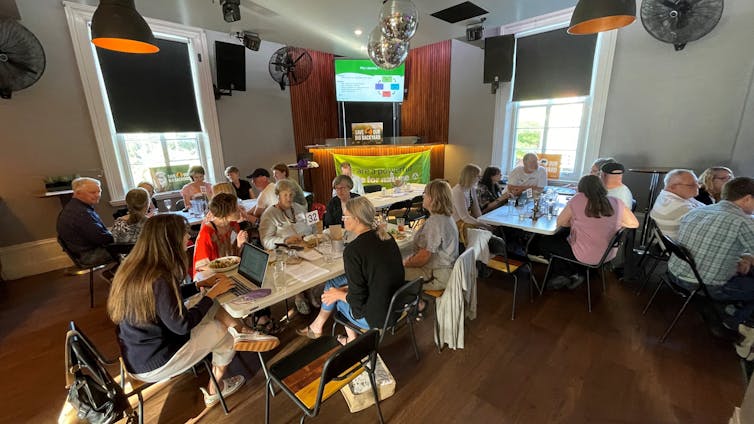 Small discussion groups of people sitting at tables