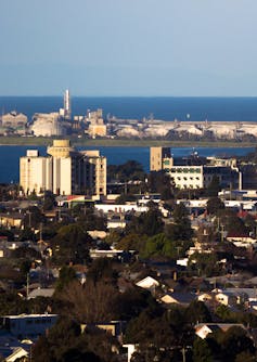 View of oil refinery looking across the city of Geelong