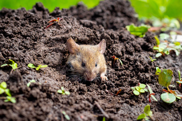 A mouse in dirt with sprouting plants.