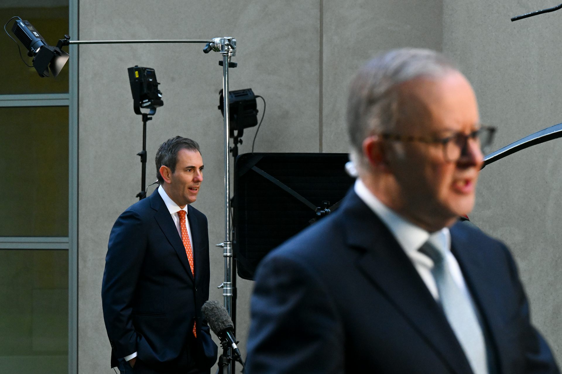 Australia's Treasurer Jim Chalmers and Prime Minister Anthony Albanese do television interviews the morning after delivering the 2023-24 federal budget, Wednesday, May 10, 2023.