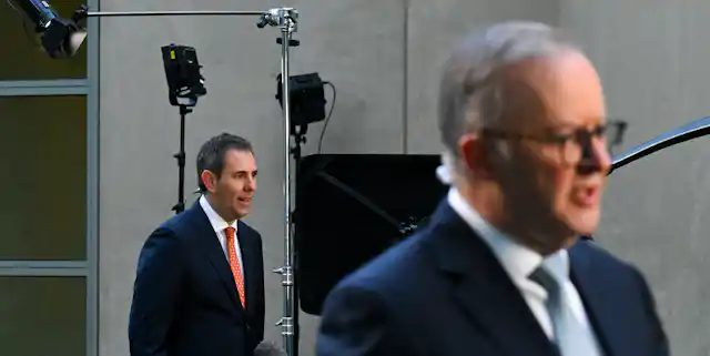 Australia's Treasurer Jim Chalmers and Prime Minister Anthony Albanese do television interviews the morning after delivering the 2023-24 federal budget, Wednesday, May 10, 2023.
