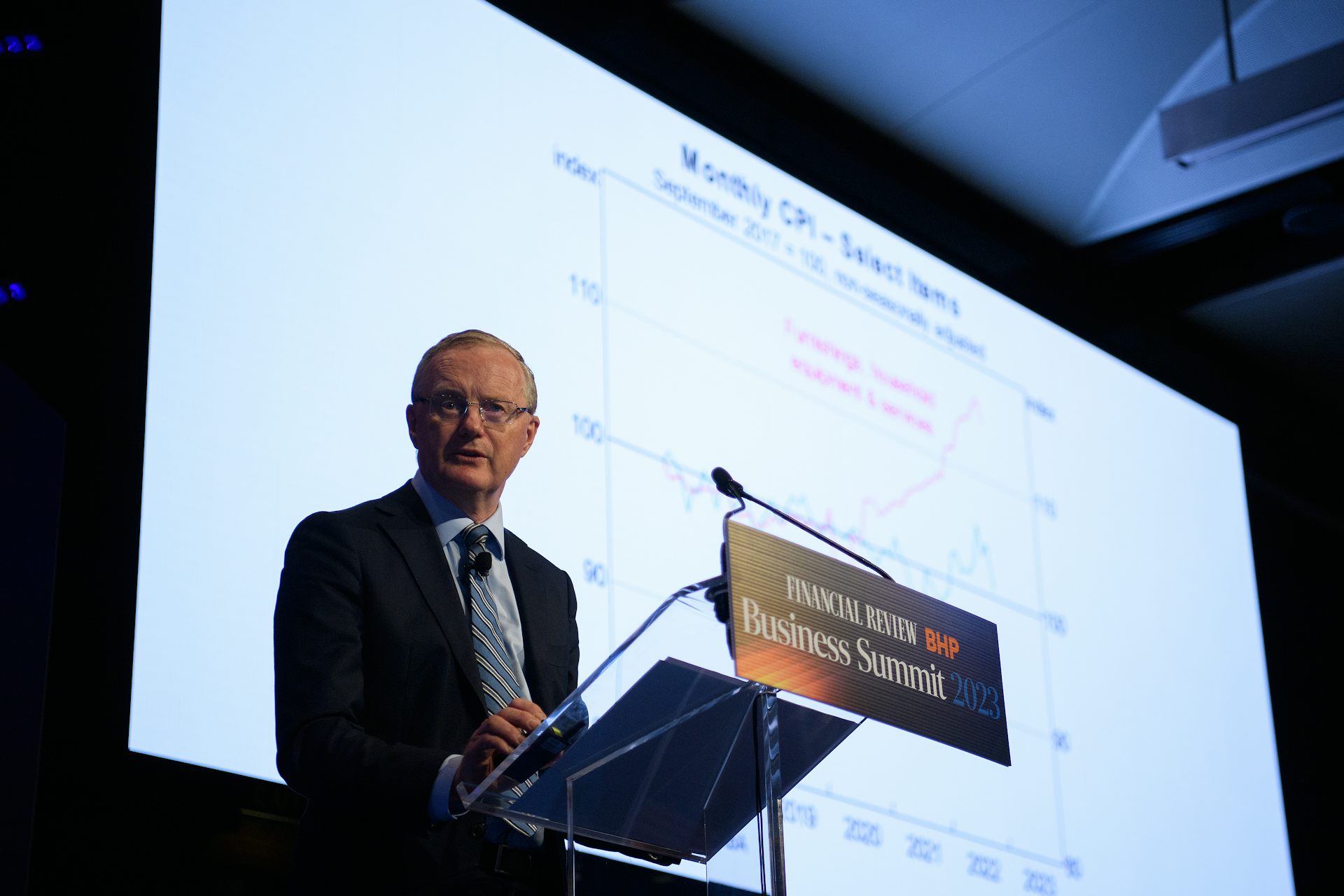 Reserve Bank of Australia governor Philip Lowe addresses a business summit in Sydney on March 8 2023.
