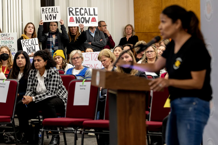 A woman is speaking at a podium in front of a crowd of people holding up protest signs.