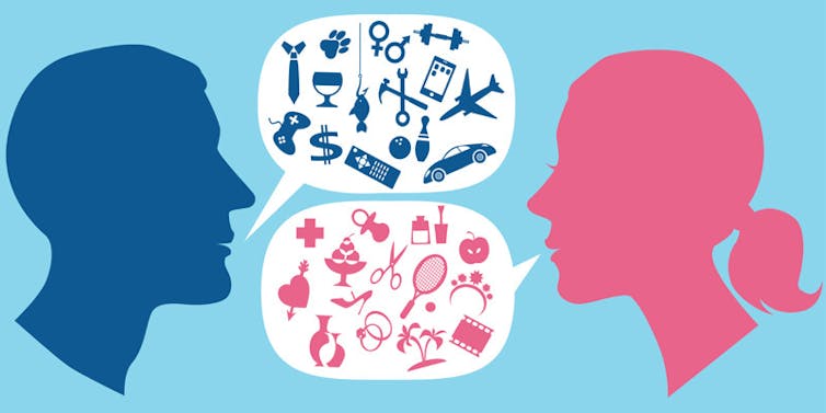 Profils masculins et féminins avec des bulles de discours remplies de symboles variés d’intérêts dits masculins et féminins
