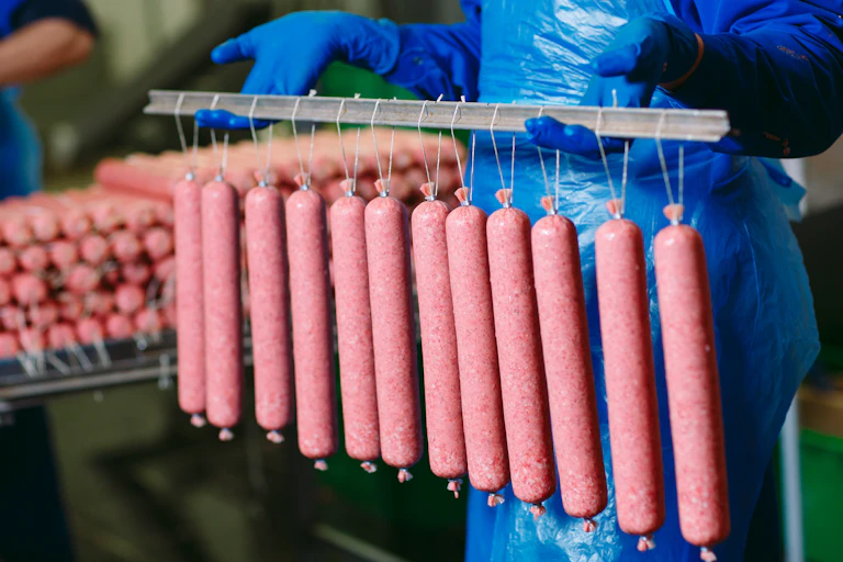 Photo de saucisse de viandes préparées dans une usine.