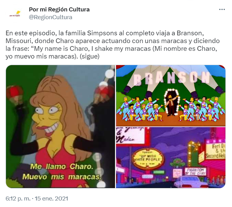 Stills of Charo Baeza characterized within the world of The Simpsons.