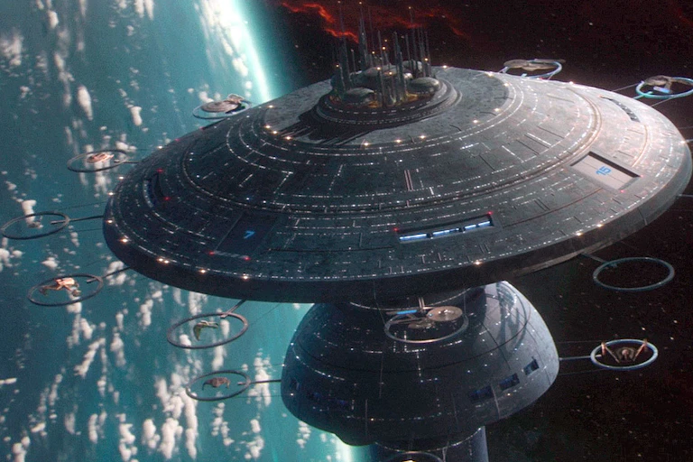 a space station in orbit around a planet