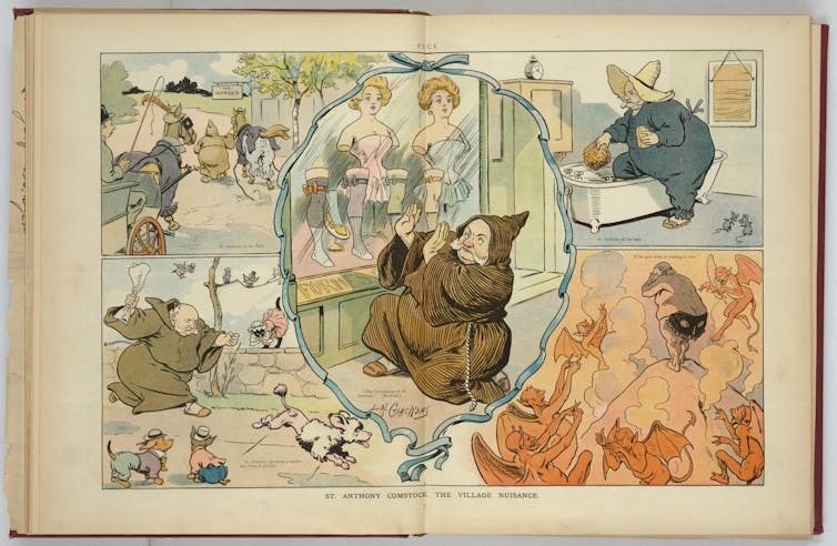 A cartoon shows a man dressed as a monk in the center holding up his hands to a display of female mannequins. The monk appears in other cases leading a horse away, chasing a poodle with a bare bottom exposed.