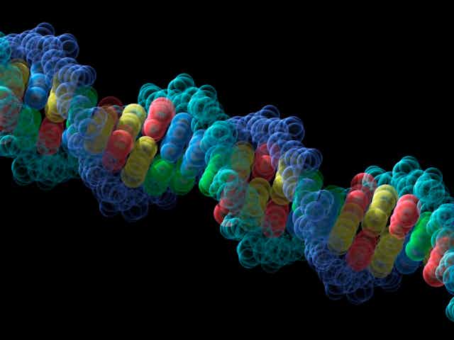 Illustration of DNA helix composed of colorful spheres