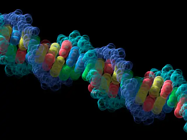Illustration of DNA helix composed of colorful spheres