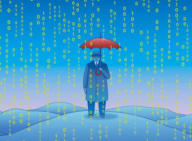 Cartoon of man in hat and coat holding umbrella as the numbers 'one' and 'zero' rain down on him.