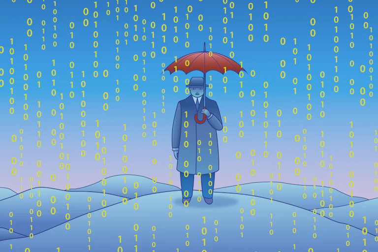 Cartoon of man in hat and coat holding umbrella as the numbers 'one' and 'zero' rain down on him.