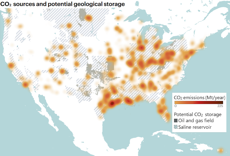 U.S. map showing shaded areas with potential geological storage primarily in the Great Plains and Pennsylvania and Ohio, but the greatest power plant carbon dioxide emissions in the South and East.