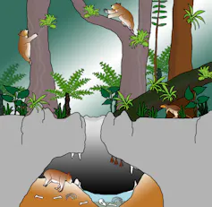 A drawing of a forest with large animals in trees and a cave visible underground