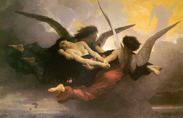 Two angels carry a woman through the clouds