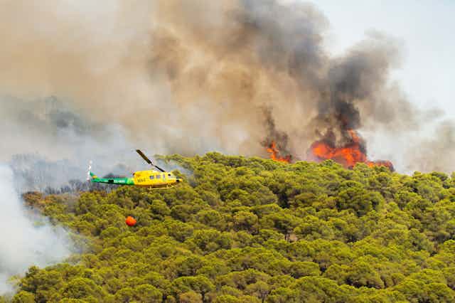 Helicóptero aproximándose a un incendio forestal.