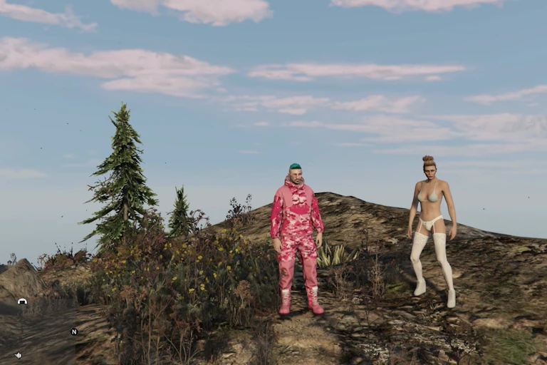 A man and a woman on a mountain landscape. He wears all pink, she is in white lingerie and thigh high boots.