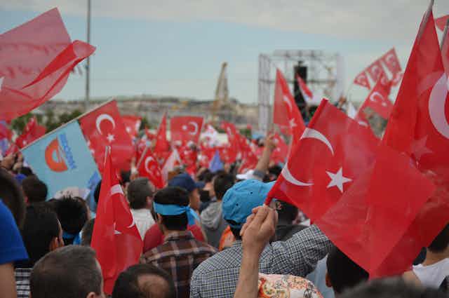Manifestantes con la bandera de Turquía.