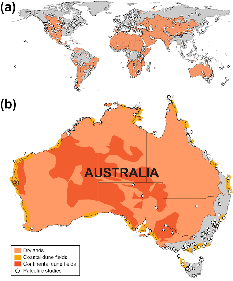 maps of Australia and the world showing dryland distribution and paleofire records, as well as coastal and continental dunes in Australia