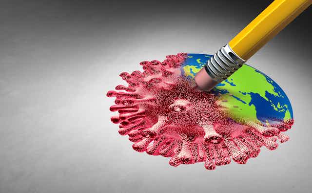 Illustration of a pencil eraser erasing a coronavirus to reveal a globe underneath