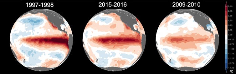 Las anomalías de la temperatura de la superficie del mar en grados Celsius observadas durante tres eventos de El Niño muestran diferencias en la ubicación y la fuerza del calentamiento del océano.