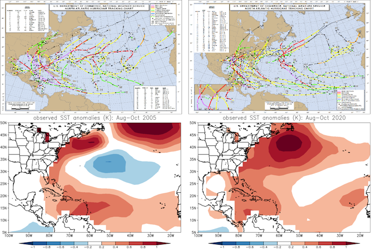 Dos mapas que muestran las trayectorias de los ciclones tropicales.  Las pistas se corresponden con temperaturas de agua más cálidas en los mapas de temperatura de la superficie del mar a continuación.