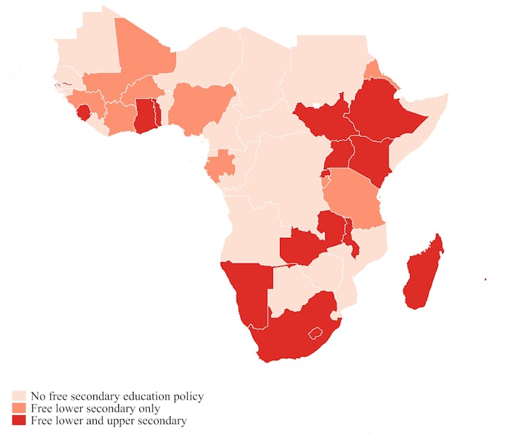 A map of Africa, marked with various shades of red to indicate which countries have free secondary education