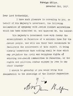 Fotografía de la declaración Balfour en la que se promete, en nombre de Inglaterra, la consecución de un espacio en los territorios de Palestina para el pueblo judío.