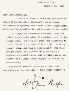 Fotografía de la declaración Balfour en la que se promete, en nombre de Inglaterra, la consecución de un espacio en los territorios de Palestina para el pueblo judío.