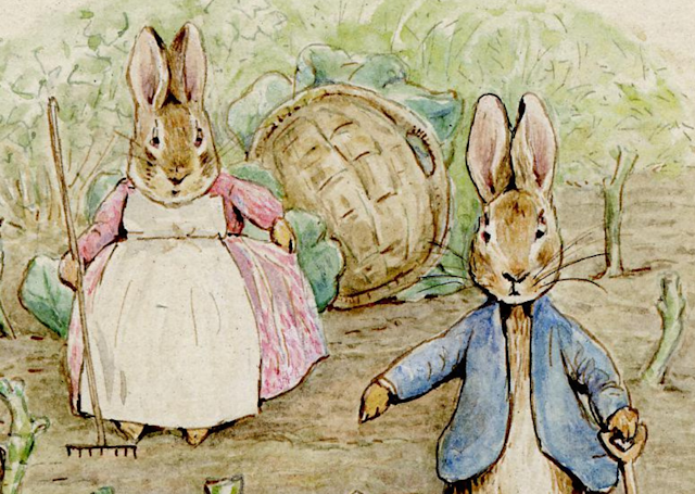 Illustrtaion of two rabbits in human clothes.