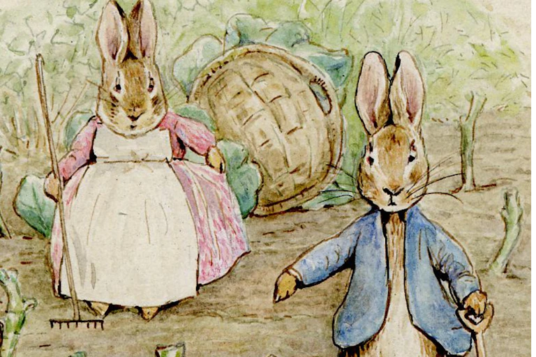 Illustrtaion of two rabbits in human clothes.