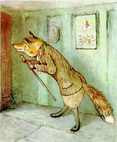An illustration of a fox in human clothing.