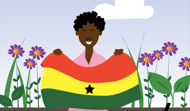 An illustration of a smiling woman with natural hair in a pink dress. She stands in a field of flowers holding up Ghana's flag in red, yellow and green with a black star.