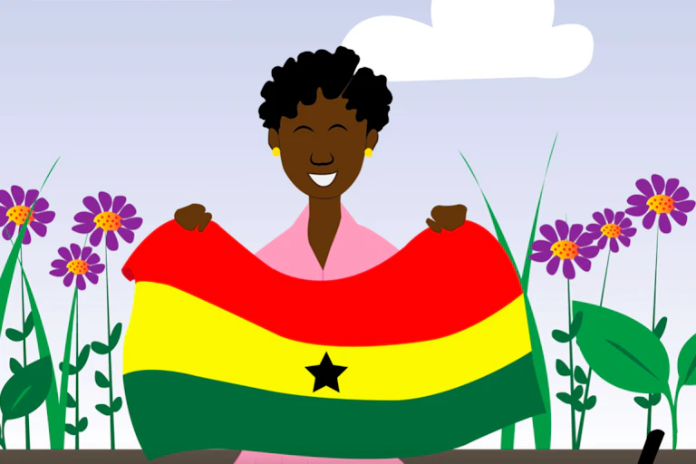 An illustration of a smiling woman with natural hair in a pink dress. She stands in a field of flowers holding up Ghana's flag in red, yellow and green with a black star.