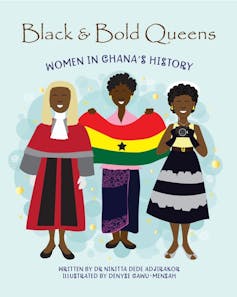 A book cover with an illustration of three African women, one in a judge's apparel, another holding the Ghanaian flag and another holding a camera.