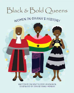 A book cover with an illustration of three African women, one in a judge's apparel, another holding the Ghanaian flag and another holding a camera.