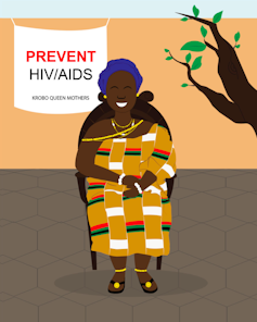 An illustration of an elderly woman in traditional attire sitting in a chair. A banner behind her reads 'Prevent HIV/AIDS.