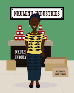 An illustration of a woman in smart attire standing in front of a table with tinned goods on it and a sign behind her reading