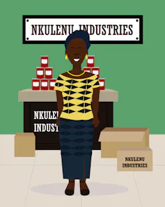 An illustration of a woman in smart attire standing in front of a table with tinned goods on it and a sign behind her reading