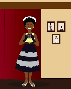 An illustration of a woman in a frock holding a camera, framed photos on the wall behind her.