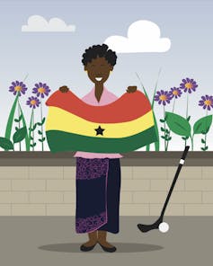 An illustration of a woman holding the Ghanaian flag, a hockey stick leaning against a wall behind her.