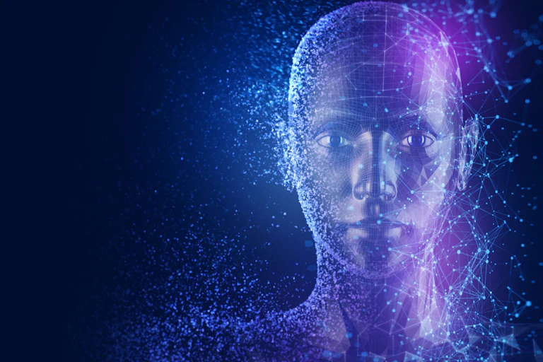 A computer-generated illustration of a human face painted in deep blue and purple tones.