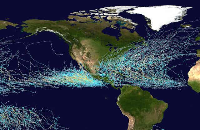 Storm tracks in the Atlantic form off the ocean west of Africa and head west before curving northeastward. In the Pacific they form off Central America and curve north and westward.