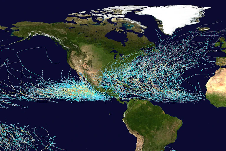 Storm tracks in the Atlantic form off the ocean west of Africa and head west before curving northeastward. In the Pacific they form off Central America and curve north and westward.