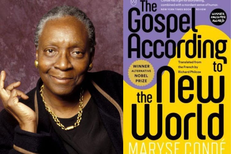 Maryse Condé smiles to camera next to an image of her purple and yellow book jacket.