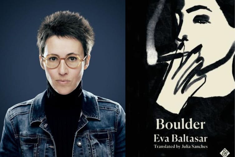 Eva Baltasar has short hair and glasses, next to the cover of Boulder, a black and white image of a woman smoking a cigar.